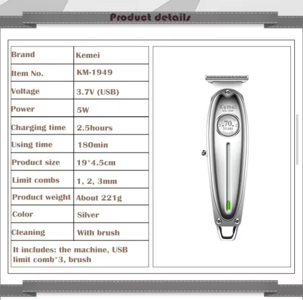 Kemei 1949 All-Metal Hair Trimmer Professional Clipper
For Barber Rechargeable Men Electric Beard Shaver Hair
Cutting Machine