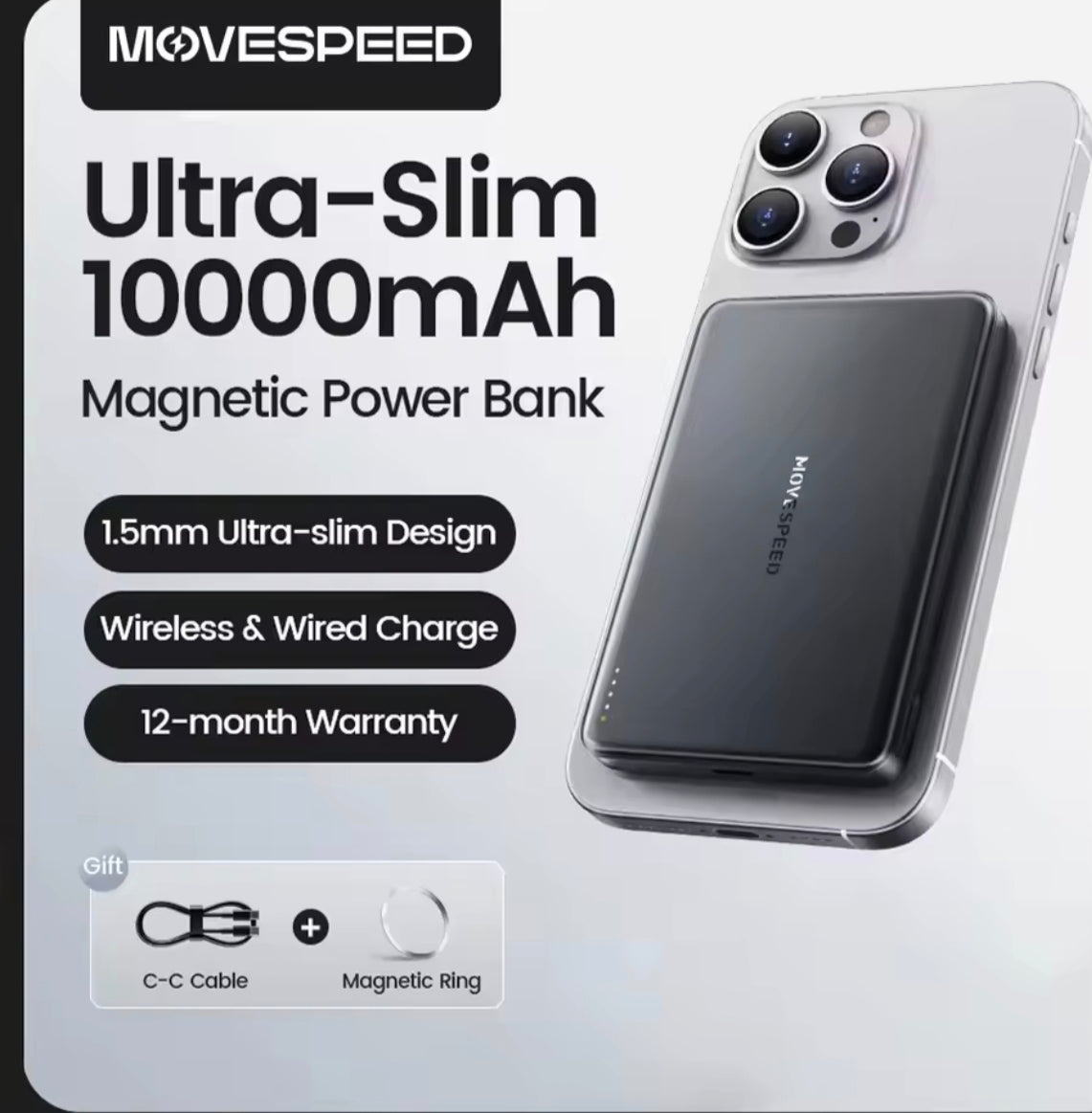 MOVESPEED S10 Slim Magnetic Power Bank 10000mAh PD20W Portable Charger Wireless External Battery for iPhone 16 Samsung Powerbank