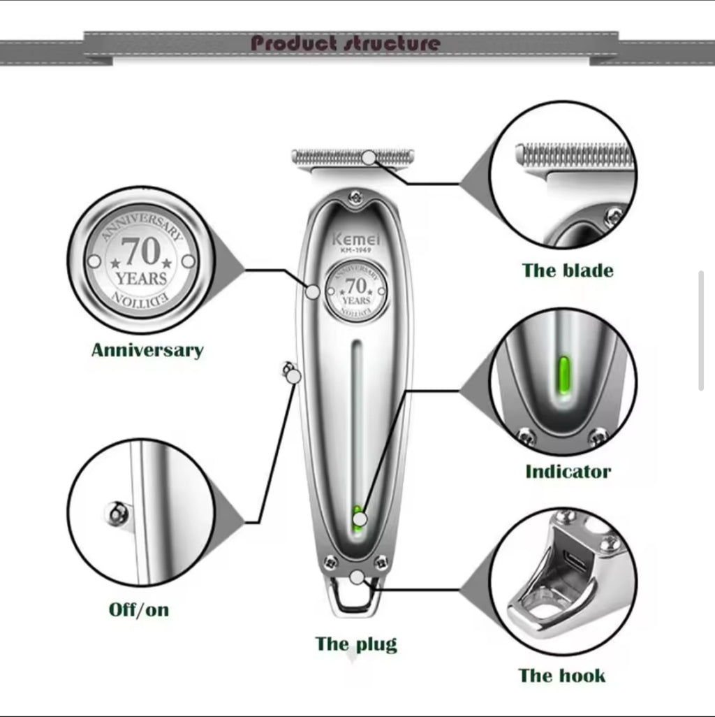 Kemei 1949 All-Metal Hair Trimmer Professional Clipper
For Barber Rechargeable Men Electric Beard Shaver Hair
Cutting Machine