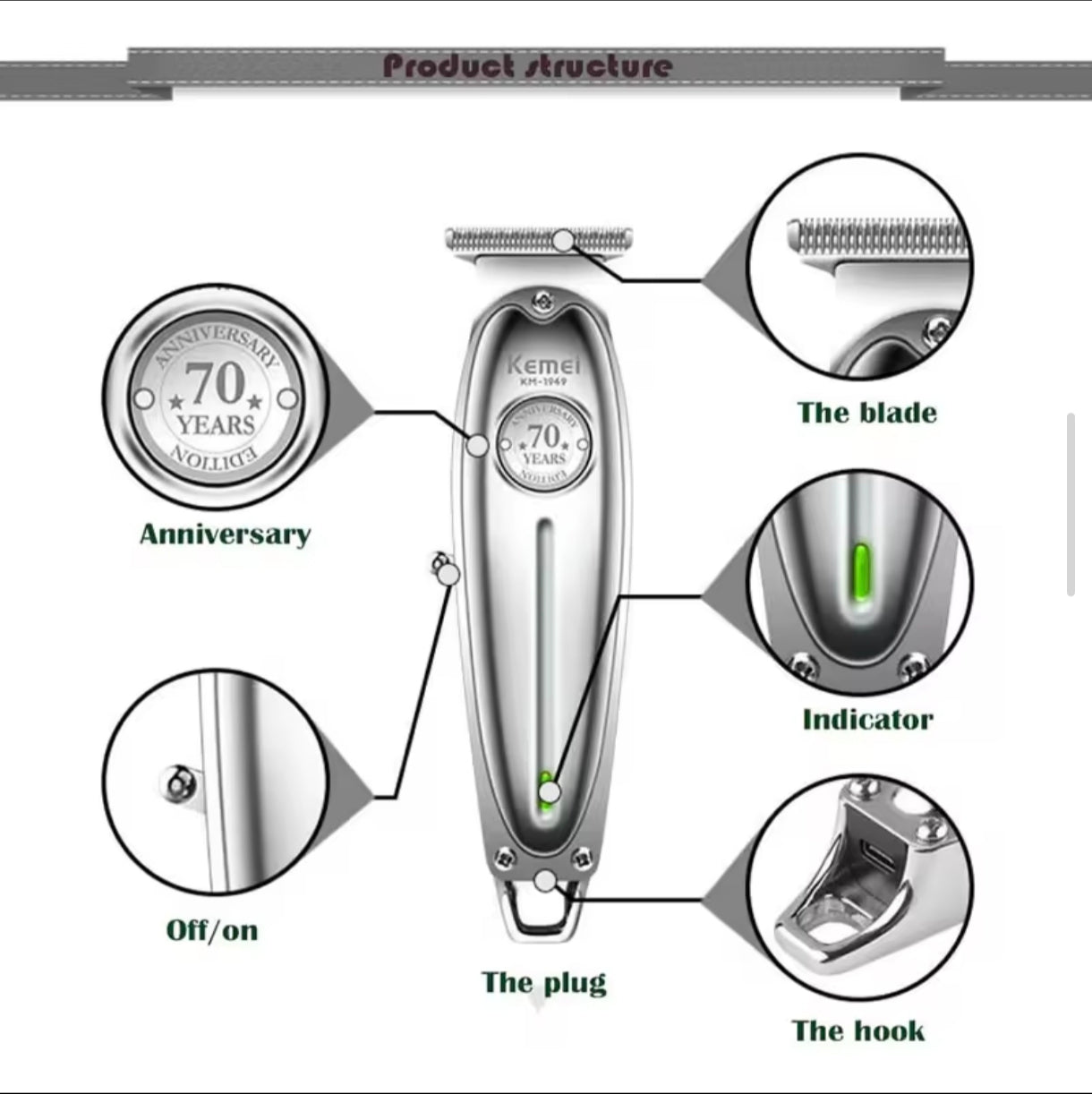Kemei 1949 All-Metal Hair Trimmer Professional Clipper
For Barber Rechargeable Men Electric Beard Shaver Hair
Cutting Machine